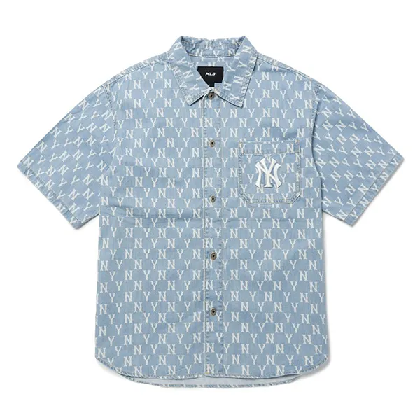 Áo Sơ Mi MLB Classic Monogram Denim Short Sleeves Shirt New York Yankees 3ADRMN123-50BLL Xanh Nhạt Size S