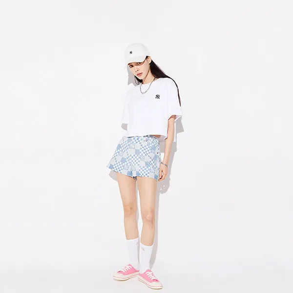 Quần Short MLB Wms Checkerboard Laser Print Denim Shorts New York Yankees 3FDPM0323-50BLL Xanh Nhạt Size XS