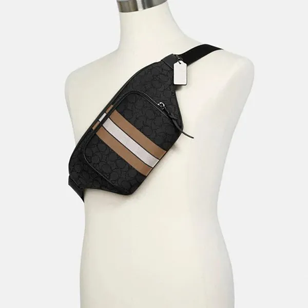 Túi Đeo Hông Nam Coach Thompson Belt Bag In Signature Jacquard With Varsity Stripe Màu Đen