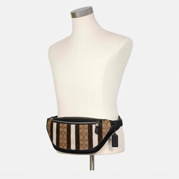 Túi Đeo Hông Coach Nam Belt Warren In Signature With Stripes Gunmetal Khaki Black Jacquard Cross Body Bag Màu Nâu - Túi xách - Vua Hàng Hiệu
