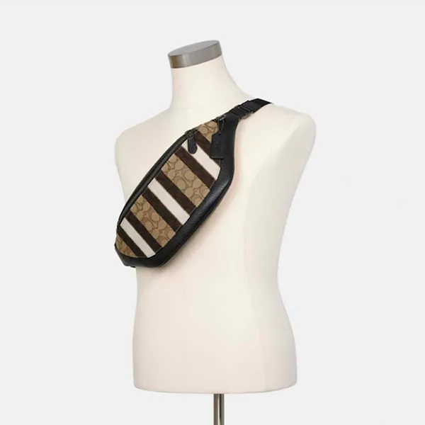 Túi Đeo Hông Coach Nam Belt Warren In Signature With Stripes Gunmetal Khaki Black Jacquard Cross Body Bag Màu Nâu - Túi xách - Vua Hàng Hiệu