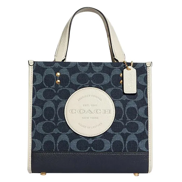 Túi Tote Coach Dempsey 22 In Signature Jacquard With Patch Gold Denim Multi Leather Màu Xanh Navy - 1