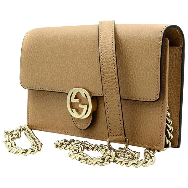 Túi Xách Gucci Pebbled Leather Interlocking G Wallet On Chain Clutch Bag Màu Be N-HM