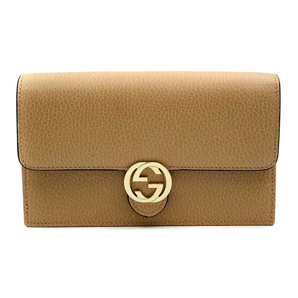 Túi Xách Gucci Pebbled Leather Interlocking G Wallet On Chain Clutch Bag Màu Be N-HM