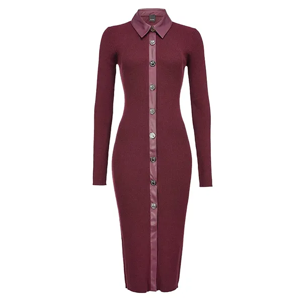 Đầm Body Pinko Tay Dài Cổ Bẻ Ribbed Màu Đỏ Đô