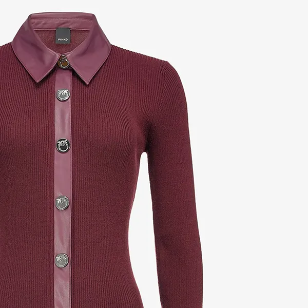Đầm Body Pinko Tay Dài Cổ Bẻ Ribbed Màu Đỏ Đô