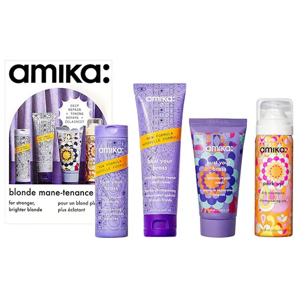 Bộ Sản Phẩm Chăm Sóc Tóc Amika Bust Your Brass Purple Blonde Mane-tenance Wash, Treat & Style Set 4 Món - Chăm sóc tóc - Vua Hàng Hiệu