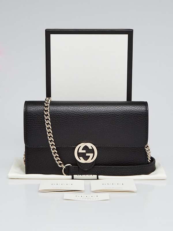 Túi Xách Gucci Pebbled Leather Interlocking G Wallet On Chain Clutch Bag Màu Đen - 1