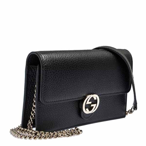 Túi Xách Gucci Pebbled Leather Interlocking G Wallet On Chain Clutch Bag Màu Đen - 4