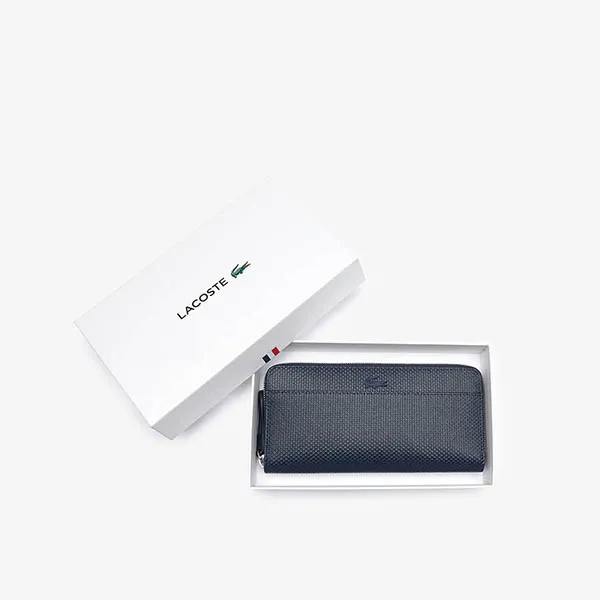Ví Lacoste Women's Chantaco Matte Piqué Leather Zip Wallet Màu Xanh Navy