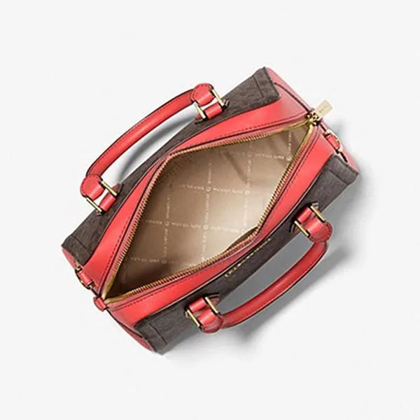 Túi Xách Michael Kors MK Ayden Medium Logo And Faux Leather Satchel Brown Màu Nâu Quai Đỏ