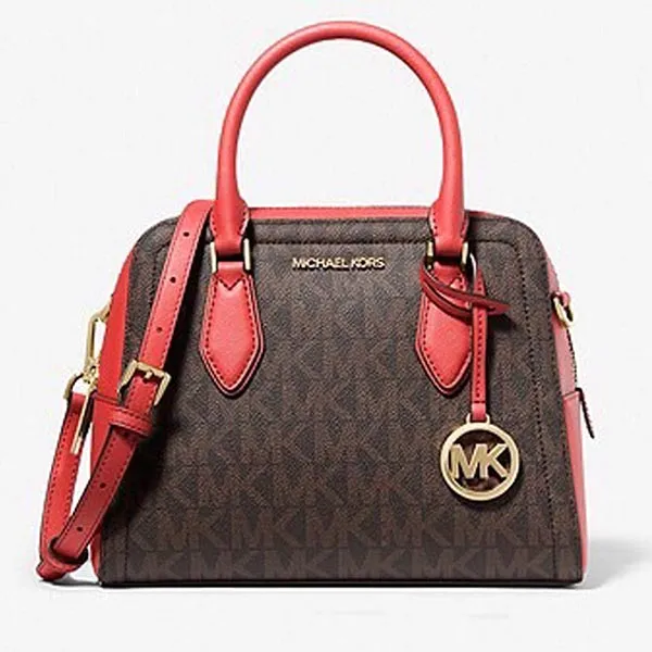 Túi Xách Michael Kors MK Ayden Medium Logo And Faux Leather Satchel Brown Màu Nâu Quai Đỏ