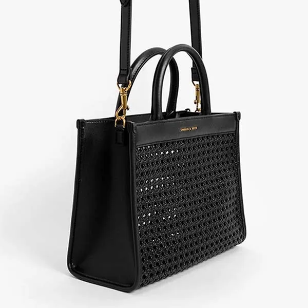 Túi Tote Nữ Charles & Keith CNK Woven Double Handle Tote Bag Black 50781485 Màu Đen