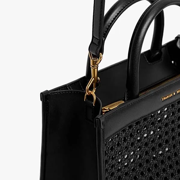 Túi Tote Nữ Charles & Keith CNK Woven Double Handle Tote Bag Black 50781485 Màu Đen