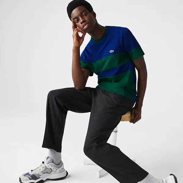 Áo Phông Nam Lacoste Heritage Erkek Regular Fit Bisiklet Yaka Renk Bloklu Mavi T-Shirt Phối Màu - Thời trang - Vua Hàng Hiệu