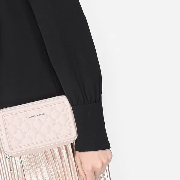 Túi Đeo Chéo Nữ Charles & Keith CNK Quilted Long Wallet Pink 10840105 Màu Hồng Nhạt