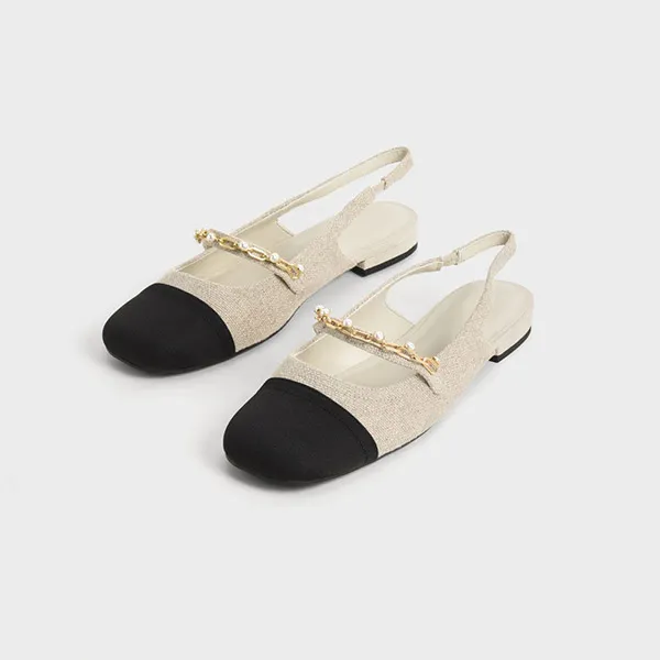 Giày Nữ Charles & Keith CNK Beaded Chain-Link Linen & Grosgrain Slingback Mary Janes 70900382 Màu Beige Size 38
