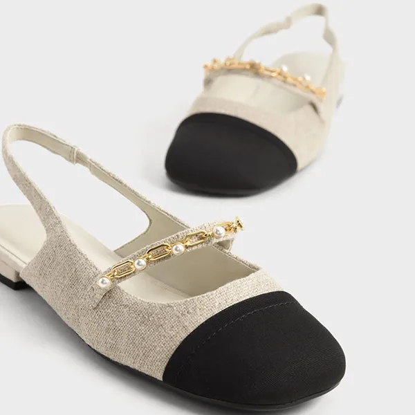 Giày Nữ Charles & Keith CNK Beaded Chain-Link Linen & Grosgrain Slingback Mary Janes 70900382 Màu Beige Size 38