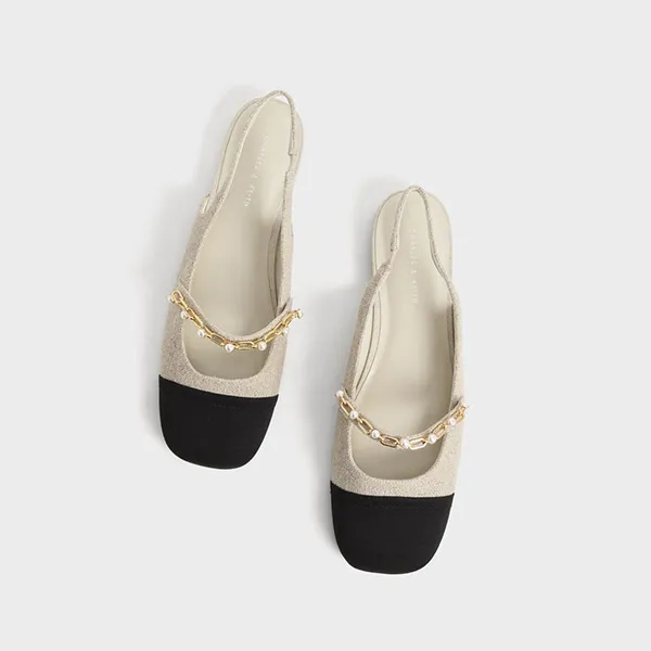 Giày Nữ Charles & Keith CNK Beaded Chain-Link Linen & Grosgrain Slingback Mary Janes 70900382 Màu Beige Size 38