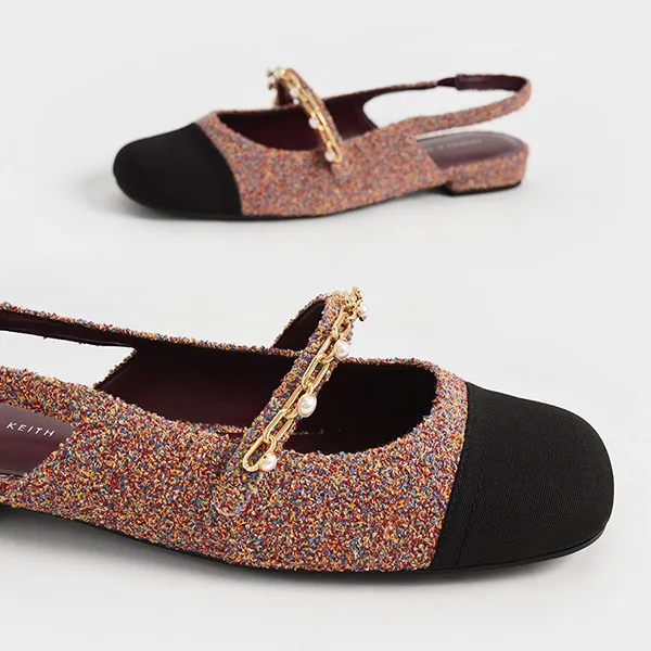 Giày Nữ Charles & Keith CNK Beaded Chain-Link Linen & Grosgrain Slingback Mary Janes 70900382 Phối Màu