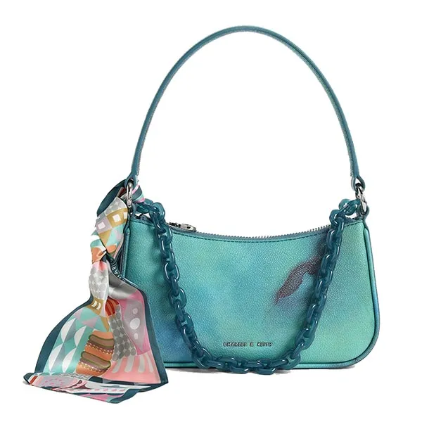 Túi Đeo Vai Nữ Charles & Keith CNK Alcott Scarf Chain-Link Shoulder Bag Teal 80151122 Xanh Cổ Vịt