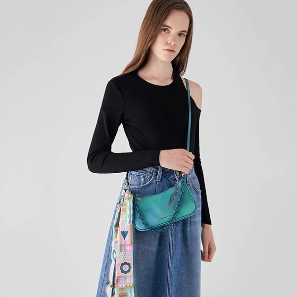 Túi Đeo Vai Nữ Charles & Keith CNK Alcott Scarf Chain-Link Shoulder Bag Teal 80151122 Xanh Cổ Vịt