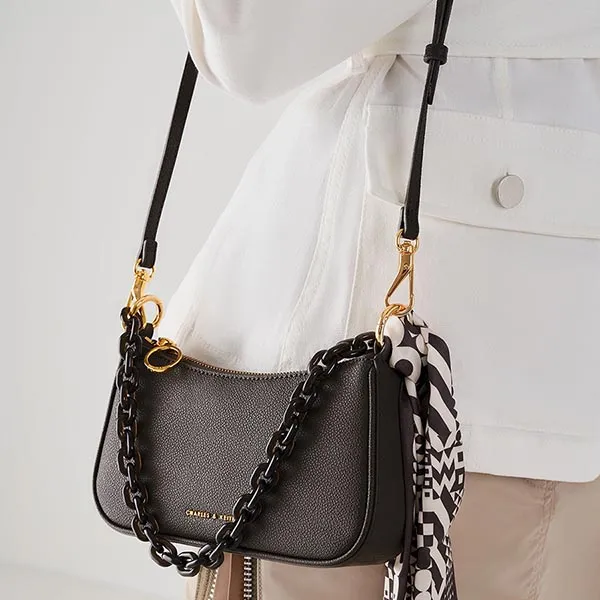 Túi Đeo Vai Nữ Charles & Keith CNK Alcott Scarf Chain-Link Shoulder Bag CK2-80151122 Màu Dark Moss