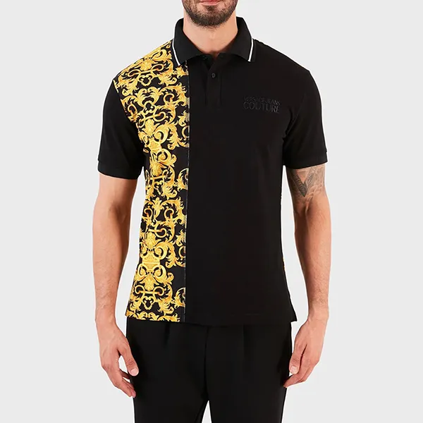 Áo Polo Versace Jeans Couture Men's Split Baroque Logo Polo Shirt In Black B3GWA722 S0154 Màu Đen Vàng