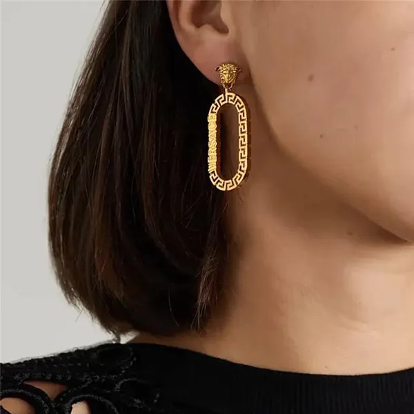 Khuyên Tai Versace Greca Motif & Logo Pendant Earrings Màu Vàng