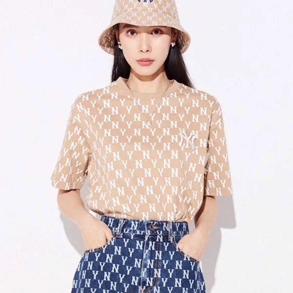 Áo Phông MLB All Over Collar New York Yankees Tshirt 3ATSM1023-50BGD Màu Beige Size XS