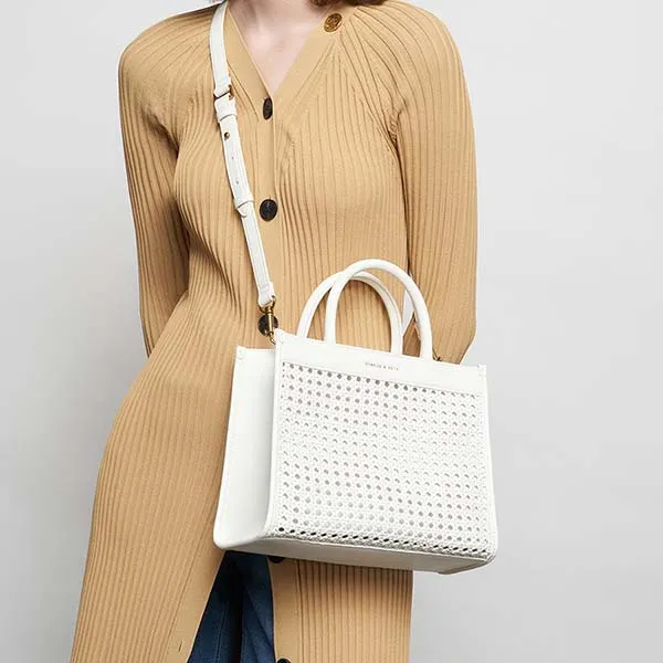 Túi Tote Nữ Charles & Keith CNK Woven Double Handle Tote Bag White 50781485 Màu Trắng