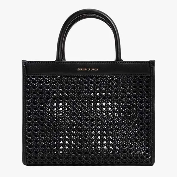 Túi Tote Nữ Charles & Keith CNK Woven Double Handle Tote Bag Black 50781485 Màu Đen
