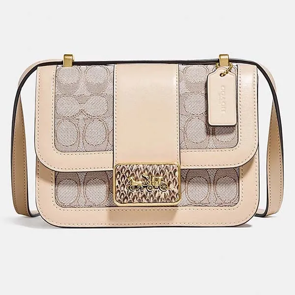 Túi Đeo Chéo Coach Alie Shoulder Bag 18 In Sinagture Jaccquard With Snake Skin Detail C3760 B4SHG Màu Be - Túi xách - Vua Hàng Hiệu