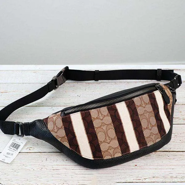 Túi Đeo Hông Coach Nam Belt Warren In Signature With Stripes Gunmetal Khaki Black Jacquard Cross Body Bag Màu Nâu - Túi xách - Vua Hàng Hiệu