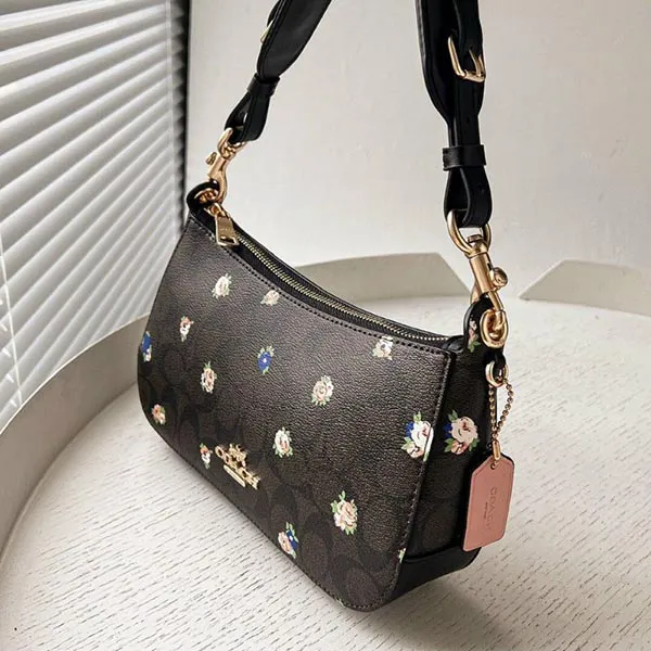 Túi Đeo Chéo Nữ Coach C6823 Jes Baguette In Signature Canvas With Vintage Mini Rose Print In Brown Black Multi Màu Nâu