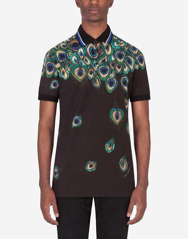 Áo Polo Nam Dolce & Gabbana D&G Cotton Feather-Print Piqué Polo Shirt F8KK1T Màu Đen Họa Tiết Size 48