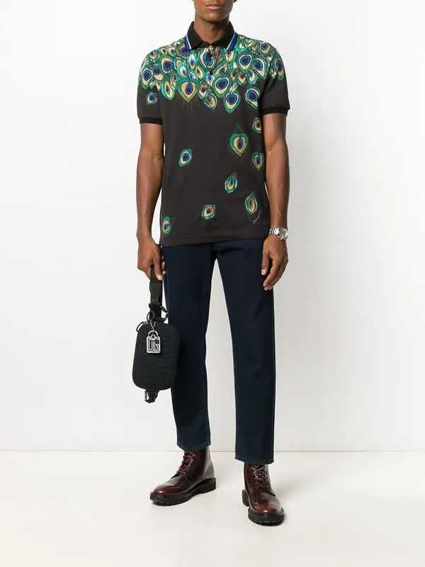 Áo Polo Nam Dolce & Gabbana D&G Cotton Feather-Print Piqué Polo Shirt F8KK1T Màu Đen Họa Tiết Size 48