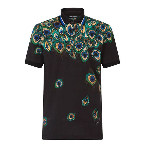 Áo Polo Nam Dolce & Gabbana D&G Cotton Feather-Print Piqué Polo Shirt F8KK1T Màu Đen Họa Tiết Size 48