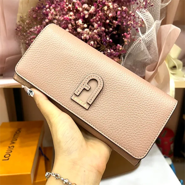 Ví Furla Long Wallet Bridal Logo Crocodile Plain Leather Màu Hồng Phấn