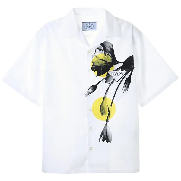 Áo Sơ Mi Cộc Tay Prada Floral Print Cotton Bowling Shirt Màu Trắng Phối Hoạ Tiết Hoa Tulip - Thời trang - Vua Hàng Hiệu