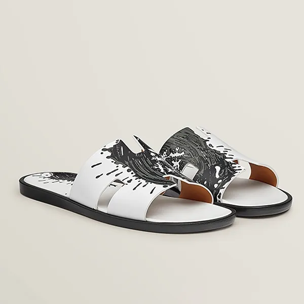 Dép Hermès Izmir Sandal Màu Trắng Phối Họa Tiết Xanh Rêu