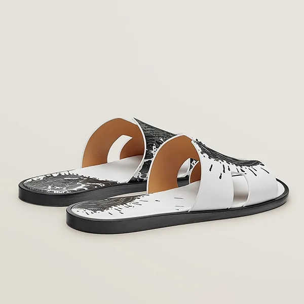 Dép Hermès Izmir Sandal Màu Trắng Phối Họa Tiết Xanh Rêu