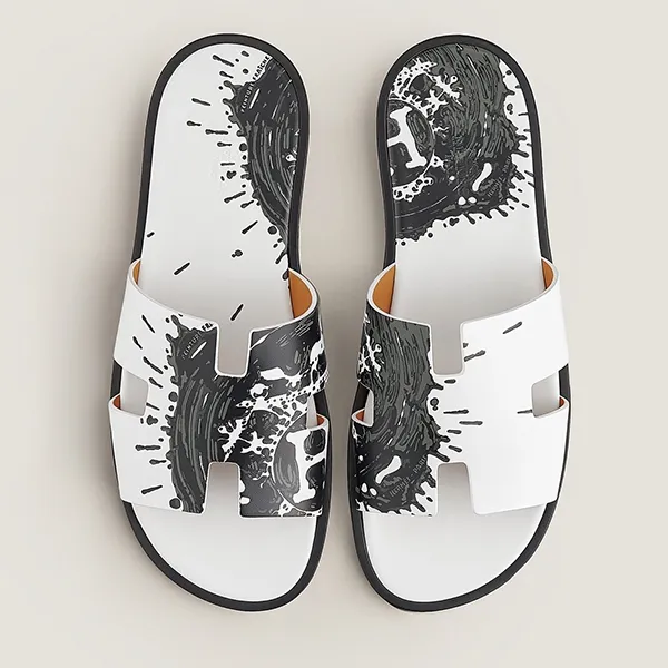 Dép Hermès Izmir Sandal Màu Trắng Phối Họa Tiết Xanh Rêu