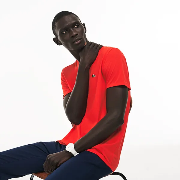 Áo Phông Lacoste Men's V-Neck Pima Cotton Jersey T-Shirt Màu Đỏ Cam Size S