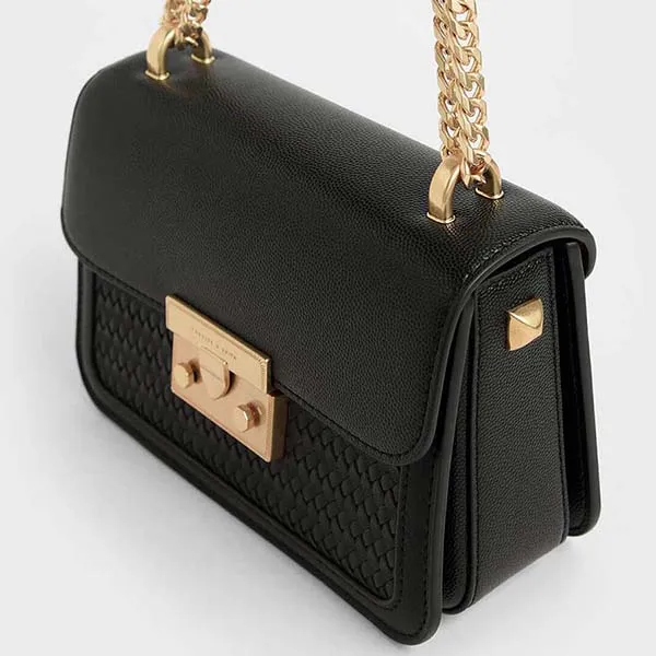 Túi Đeo Chéo Nữ Charles & Keith CNK Woven Boxy Chain Strap Bag Black CK2-80700972-3 Màu Đen