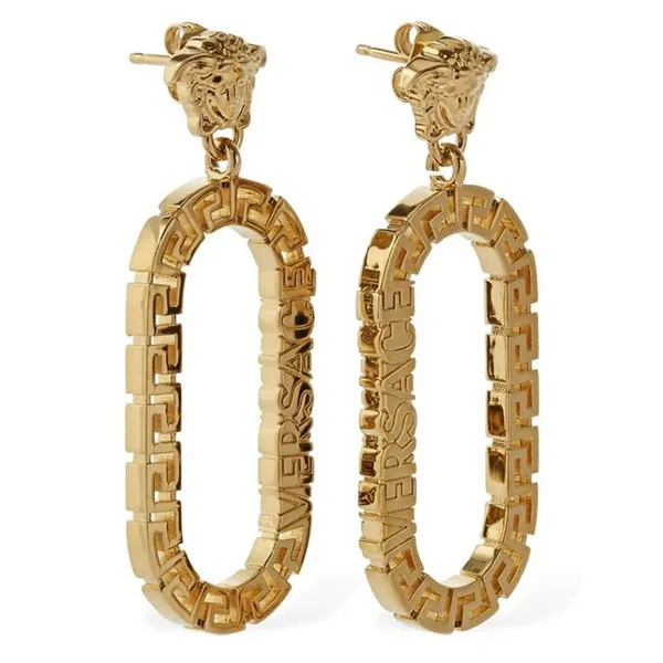Khuyên Tai Versace Greca Motif & Logo Pendant Earrings Màu Vàng