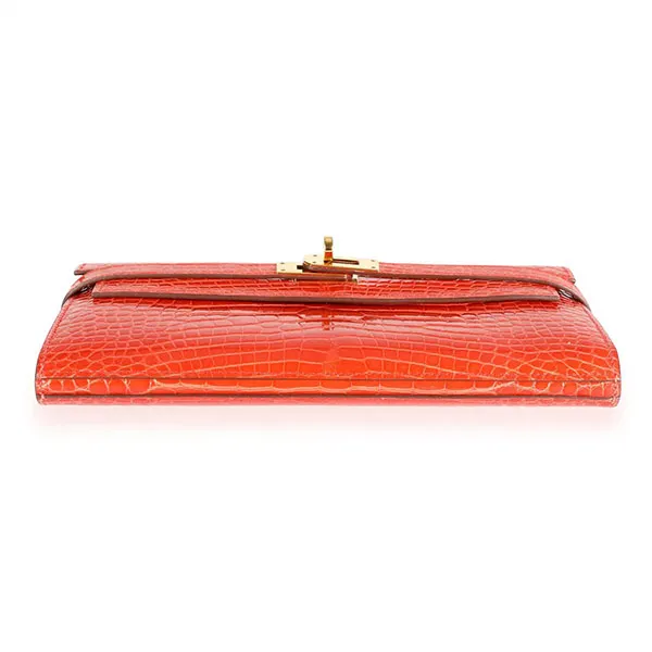 Ví Cầm Tay Nữ Hermès Tangerine Shiny Alligator Classic Kelly Wallet GHW Màu Cam