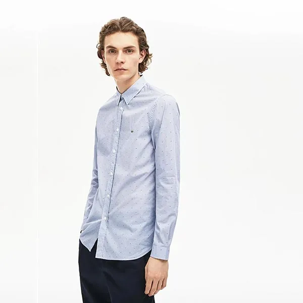 Áo Sơ Mi Lacoste Men's Slim Fit Print Cotton CH7684-00 QRN Poplin Shirt Màu Xanh Blue Size S