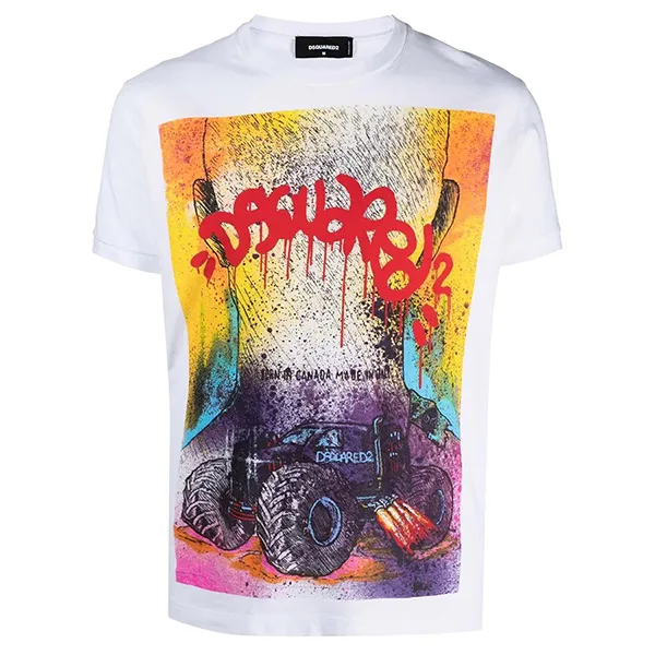 Áo Phông Dsquared2 Monster Truck Graffiti Tee S71GD1086 Màu Trắng