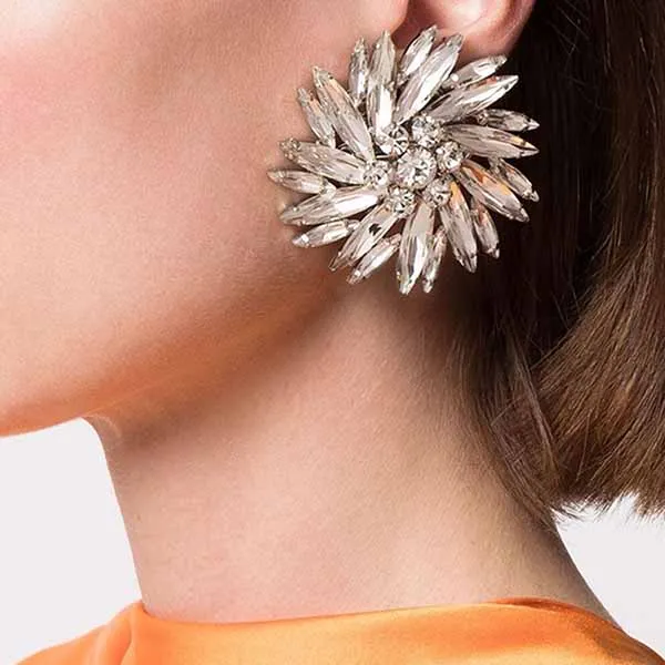 Khuyên Tai Alessandra Rich Crystal Flower Clip-On Earrings Màu Bạc
